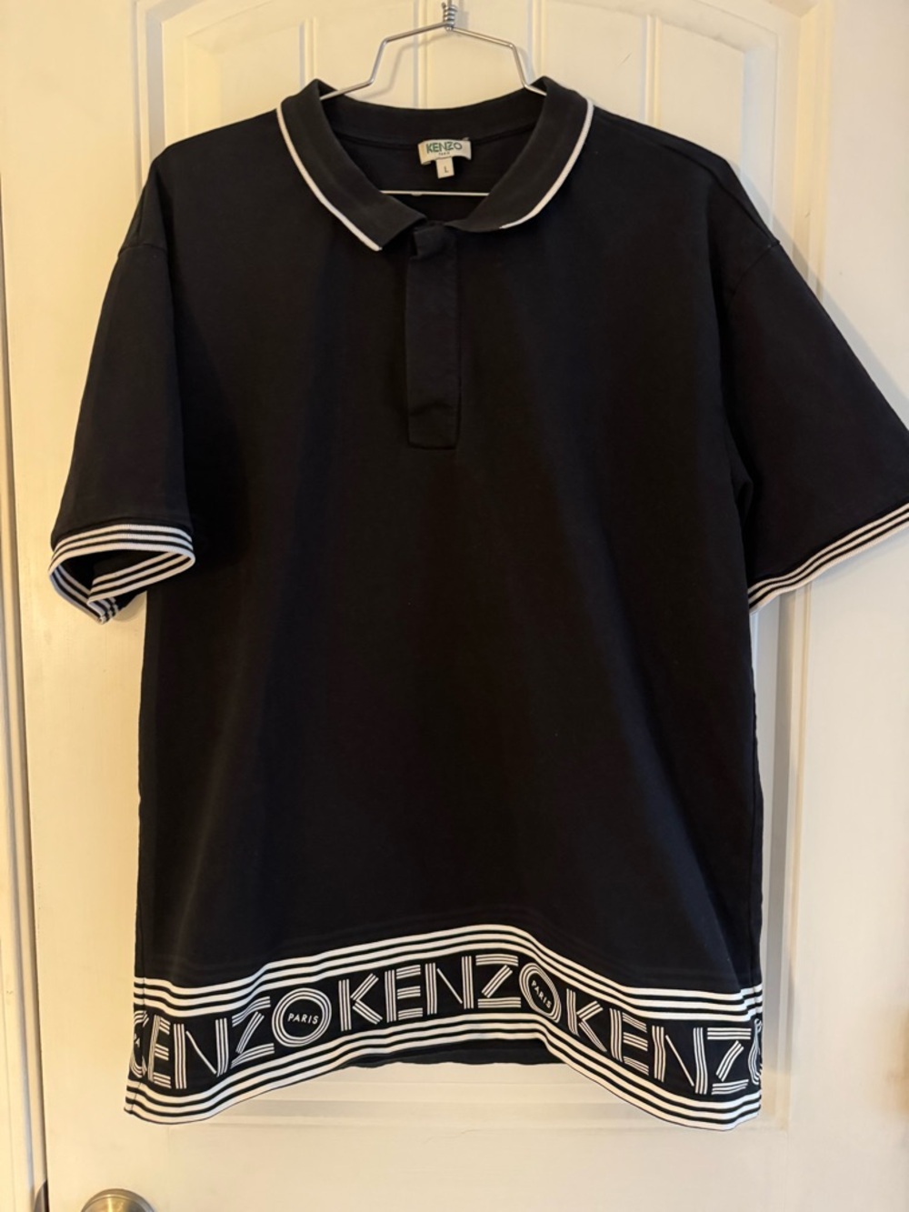 Kenzo Black Polo with White Logo Hem and Trim
